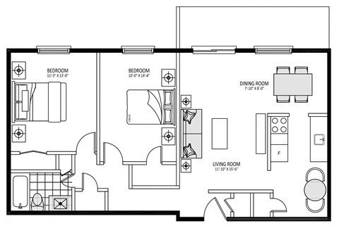 Floor plan for 2 beds, 1 bath, 923 sqft